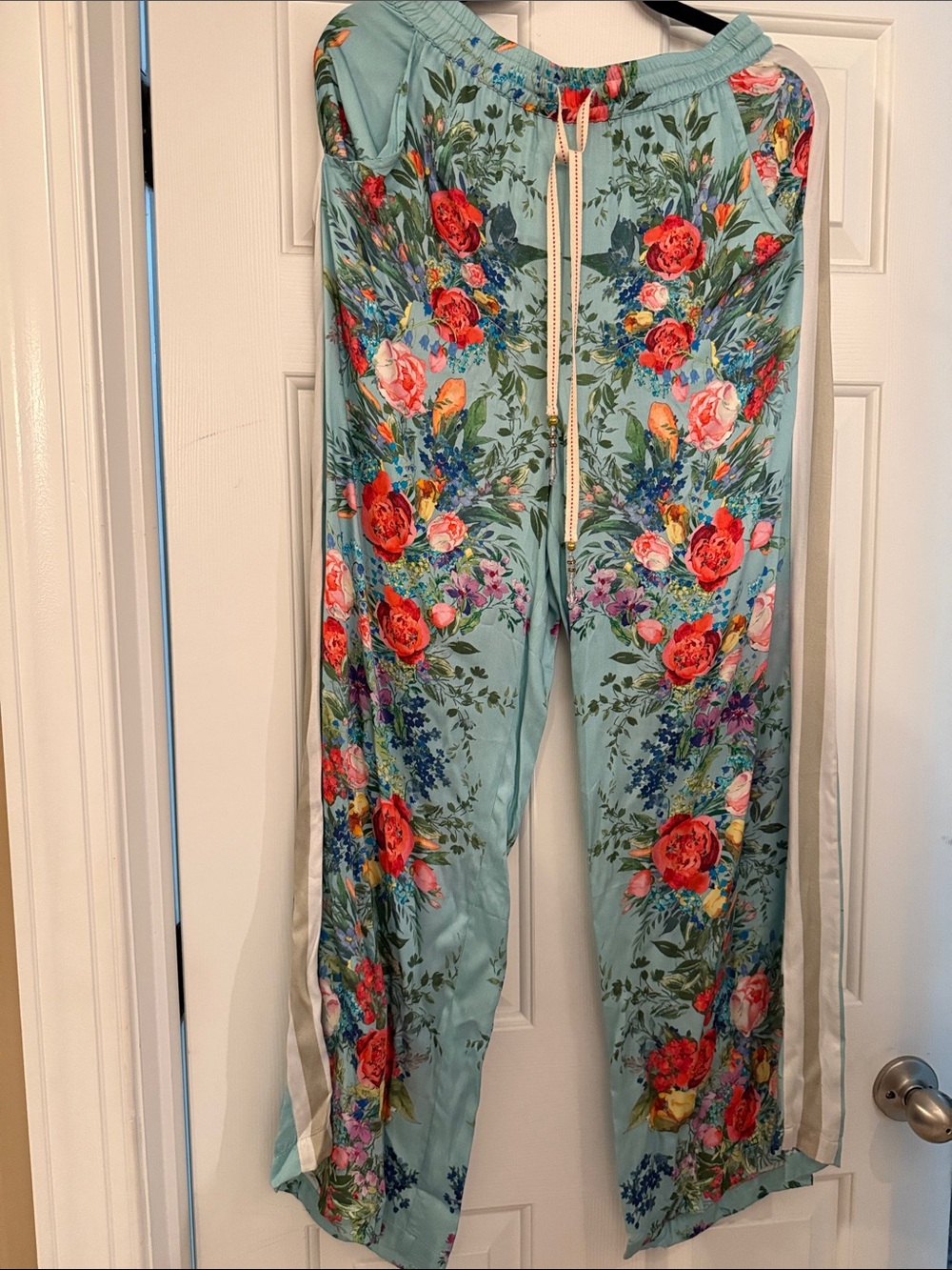 Aratta Floral Satin Track Pants in Mint with Red Rose Print